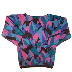 Vintage 90s Odyssey‎ Geometric Abstract Knit Sweater Pink Teal Wool Blend Large